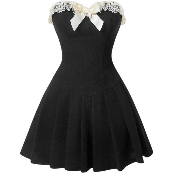 Women's Y2K Strapless Mini Dress Pleated Party Rave Club Dress Black Large - Picture 1 of 4